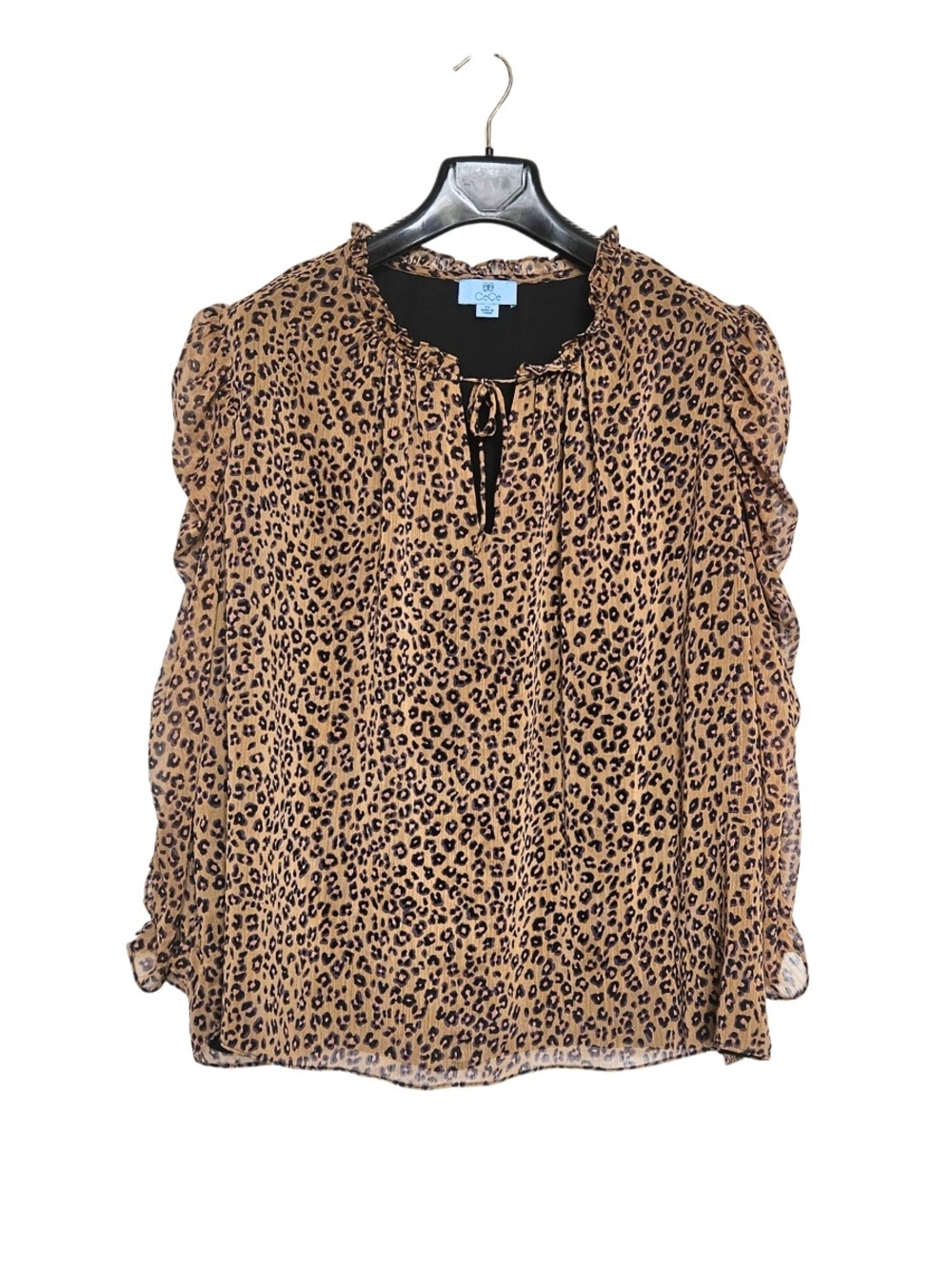 CeCe Women's Plus Size 3X Leopard Print Tie-Neck Ruffle Sleeve Blouse